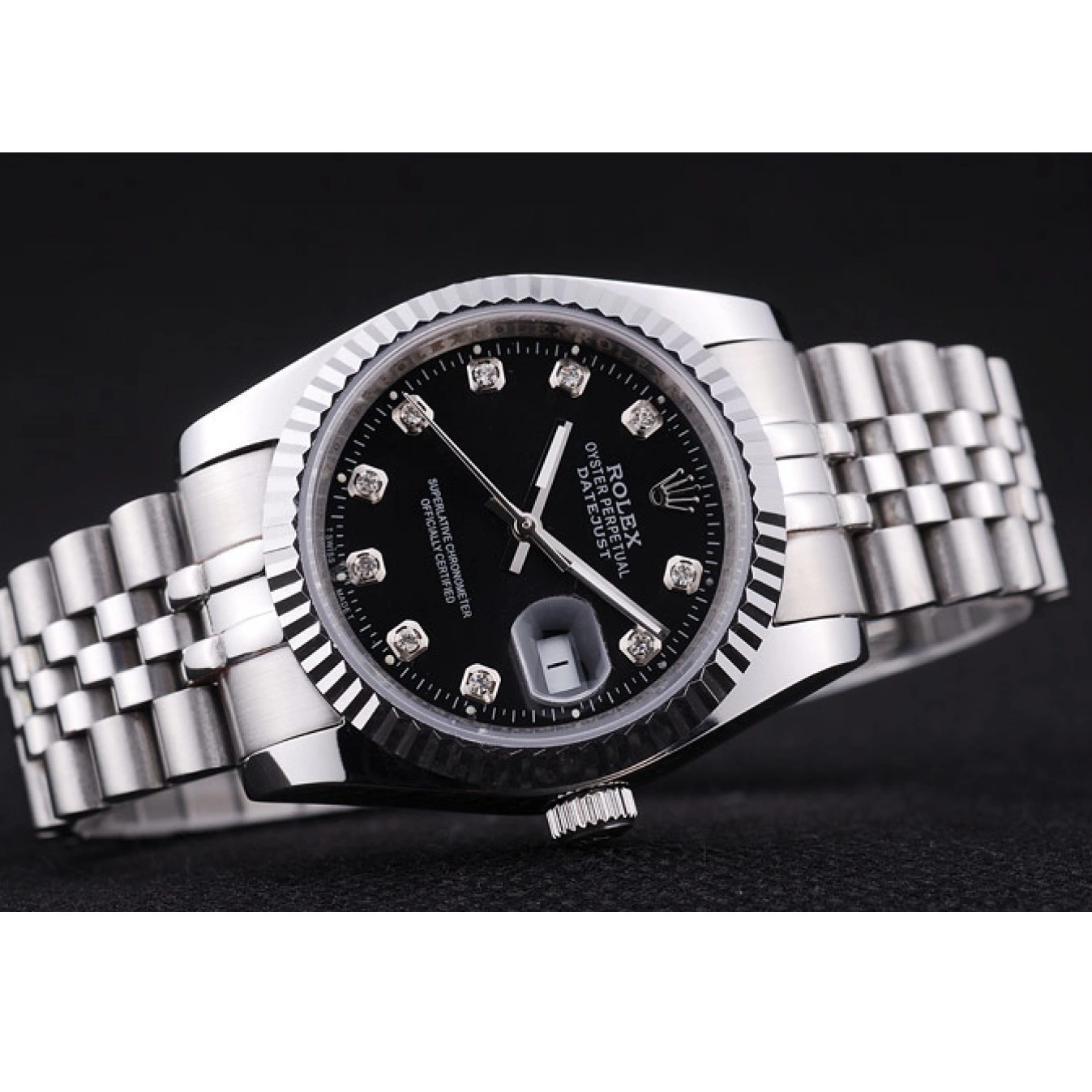 AAA replica watch Ribbed Diamonds Black 7458 Bezel Datejust Rolex Dial 0816